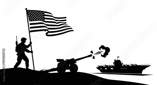 Patriotic Soldier Holding US Flag Near Artillery Gun and Aircraft Carrier