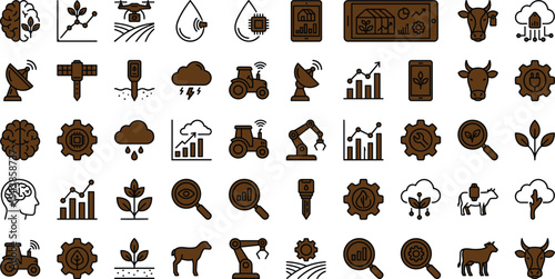 Smart agriculture technology icon set with drones sensors crop analytics livestock monitoring robotics tractors and precision farming