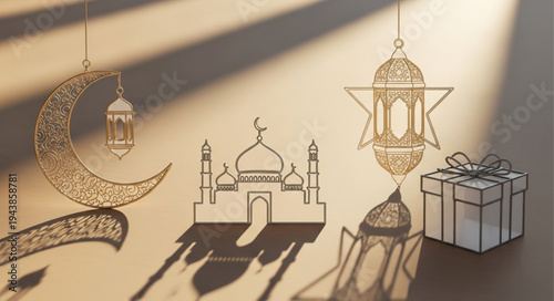Decorative Islamic Lanterns and Crescent Moon Shadow Art.