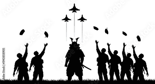 Samurai Warrior and Soldiers Salute Fighter Jets in Formation