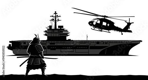 Samurai Warrior Confronts Modern Aircraft Carrier and Helicopter