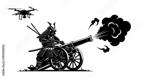 Samurai Warrior Fires Cannon with Drone Overhead