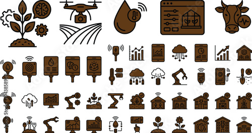 Smart agriculture technology icon set with drones sensors crop analytics livestock monitoring irrigation systems and farm automation