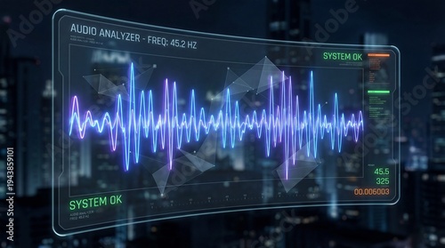 Vibrant neon audio waveform glowing in blue purple concept. Futuristic audio analysis display with vibrant sound waves.