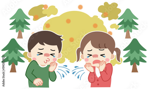 花粉症でくしゃみや咳をする子供たちのイラスト
