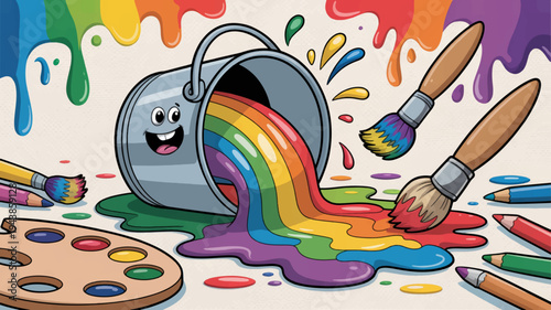 Colorful paint bucket with rainbow paint splatters and brushes creative art supplies