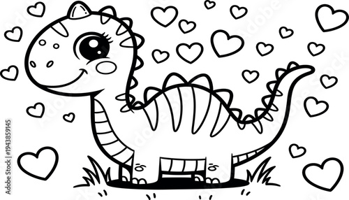 A cute cartoon dinosaur surrounded by floating hearts in a whimsical illustration for kids