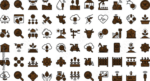 Smart agriculture technology icon set with drones tractors sensors livestock monitoring crop analytics and farm automation