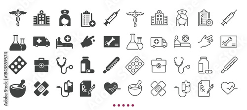Hospital icons collection. Multi series icons. Line and glyph solid web icons collection