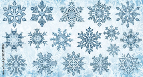 Collection of Various Blue Snowflakes on Light Background.