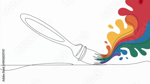 Paintbrush with vibrant colorful paint splashes on white background symbolizing creativity and art