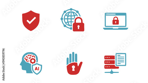 Modern cybersecurity icon set featuring shield, lock, AI protection, and secure network symbols.