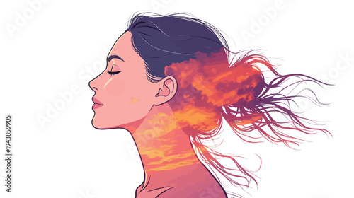 A woman stands with her eyes closed as sunset colors blend into her hair and neck. The scene shows a calm moment during sunset.