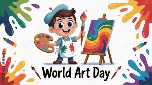 Young artist in blue hat holding paintbrush and palette standing next to colorful canvas on easel celebrating world art day with vibrant paint splatters