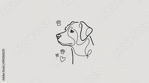 Dog head with flowers and hearts simple line art cute pet illustration animal design element love and care concept