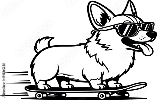 A cartoon corgi wearing sunglasses rides a skateboard with a joyful expression
