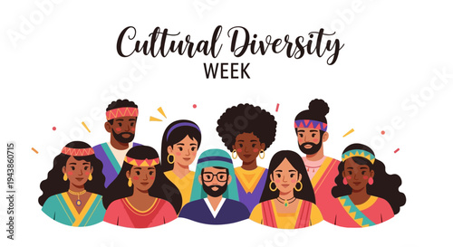 Illustration of diverse people celebrating Cultural Diversity Week with colorful designs and vector graphics on a white background.