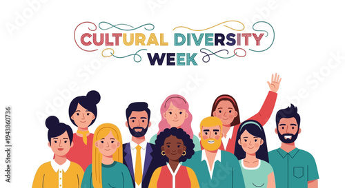 Vector illustration of diverse people celebrating Cultural Diversity Week with colorful design elements on a white background.
