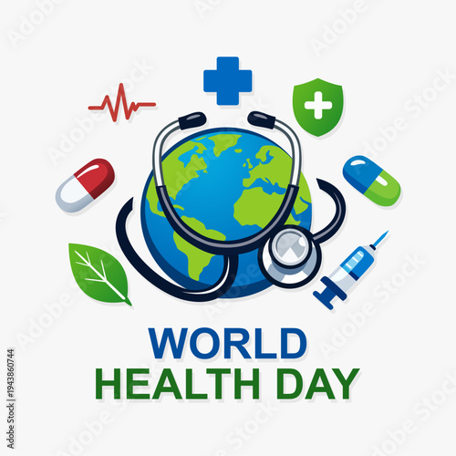 World Health Day 2026 concept with globe map and stethoscope. Ideas for global health campaign, maternal awareness, hospital poster, GO promotion and social media.