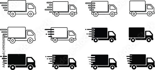 Delivery trucks in various styles, motion for fast delivery services. Speed, express service, logistics, transportation services, and online shopping 