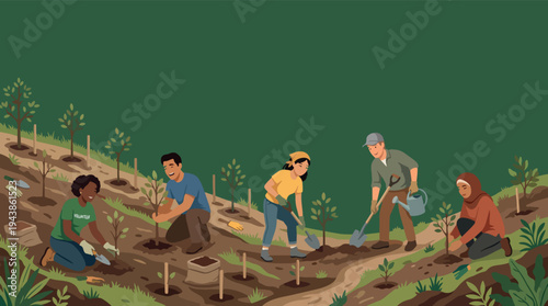 African American Woman Volunteer Planting Young Sapling Trees in Field