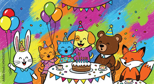Colorful cartoon animals at a birthday party with cake