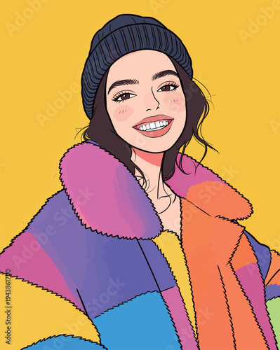 A young woman smiles while wearing a colorful coat and a beanie. She poses against a bright yellow background.
