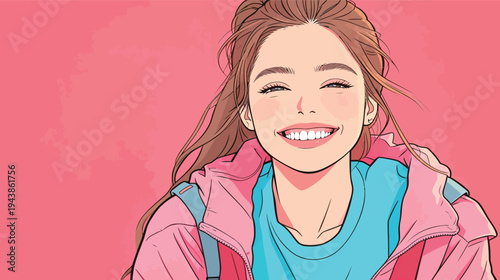 A young woman smiles broadly while wearing a casual outfit. Bright pink background adds to the cheerful vibe of the moment.