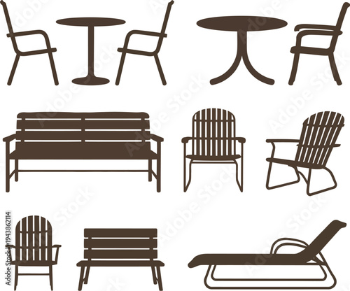 Furniture icon set including chairs, tables, benches, and recliners in brown silhouette