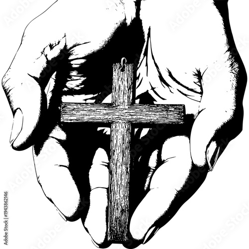 Faith Held in Trust: A rustic wooden cross rests gently in cupped hands, symbolizing devotion, spiritual sanctuary, and the weight of profound belief.