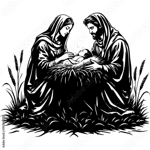Nativity Scene: An evocative illustration captures the essence of the nativity scene, depicting baby and holy family.