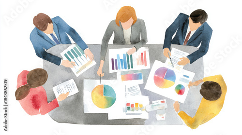 Watercolor illustration of business team analyzing colorful charts and graphs during meeting, showing collaboration and focus