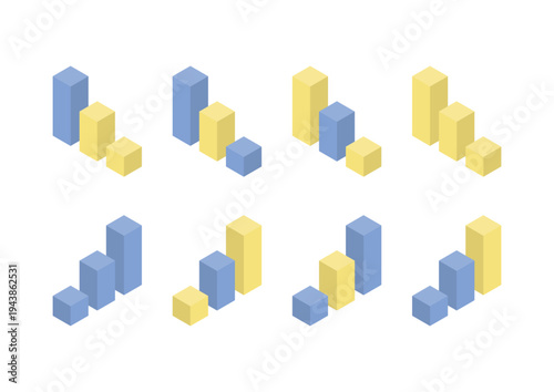 黄色と青の3本の棒で構成されたアイソメトリックな棒グラフのデザイン