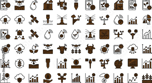 Precision agriculture technology icon set with drones sensors crop analytics irrigation monitoring livestock tracking and smart farming