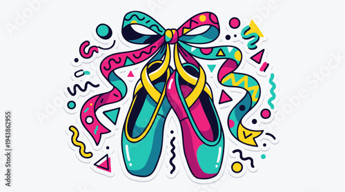 Ballet Pointe Shoes Vibrant Ribbon Tied Floating Shapes Dance Performance Art Modern Graphic Colorful Cartoon Vector Illustration