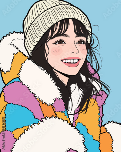 A young woman wearing a colorful coat and a knitted beanie smiles widely. She stands against a light blue background.