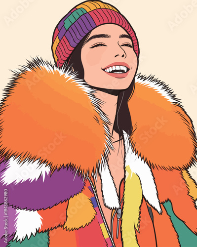 A woman smiles while wearing a bright winter coat and a striped hat. She appears happy and cheerful in the cold season.