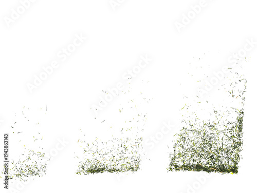 Three stages of grass or leaf confetti rising in vertical columns on black background, small green-yellow particles scattering upward.