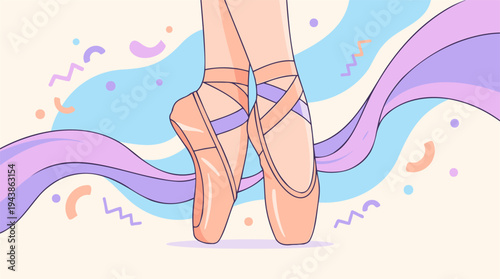 Ballerina Feet in Pointe Shoes Standing En Pointe with Crisscross Ribbons, Elegant Ballet Dance Artistic Performance, Soft Pastel Flat Vector Illustration Digital Graphic Element
