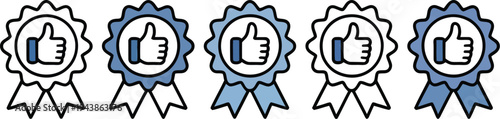 Five blue ribbons with thumbs up icons represent a rating system.