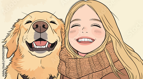 A girl and her golden retriever smile widely while enjoying their time together in a bright and cheerful environment.