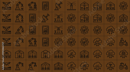Precision agriculture technology icon set with drones robotics greenhouse irrigation systems crop monitoring and smart farming