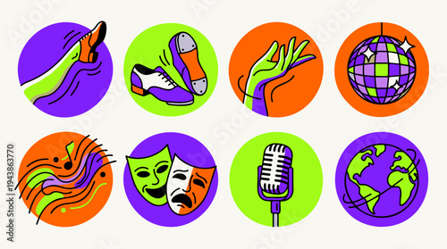 Entertainment & Arts Icons: Dance, Music, Theater, Global Symbolism for Creative Performance & Culture in Vibrant Flat Line Art Vector Collection.