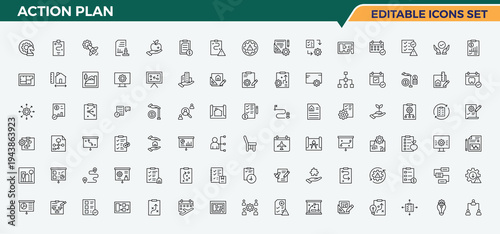 Action Plan icon collection. Contain linear symbols resources, schedule, act, assessment, achieve. Vector illustration in modern line style. Act vector line icon set.