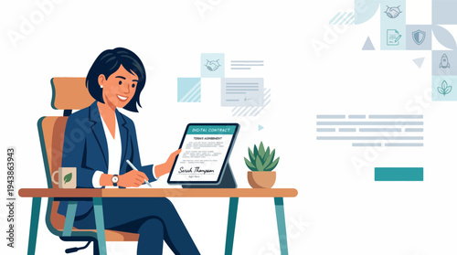 Business Professional at Desk with Eco-Friendly Leaf Logo Mug Illustration