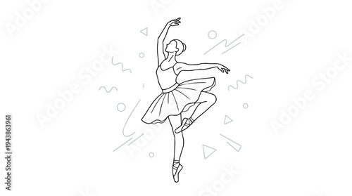 Graceful Ballerina Dancer in classical pointe pose with flowing tutu, symbolizing ballet performance and artistic elegance, minimalist black line art vector illustration with subtle geometric shapes.