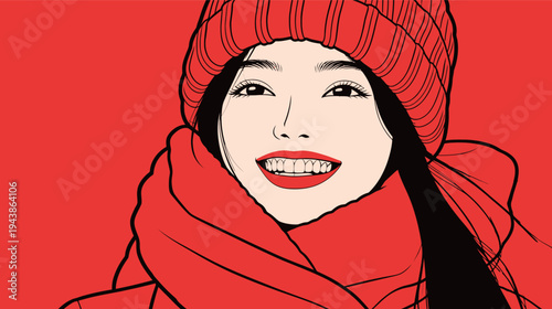 A woman smiles while wearing a red hat and a matching scarf. The background is a bold red color. Her expression shows joy and warmth.