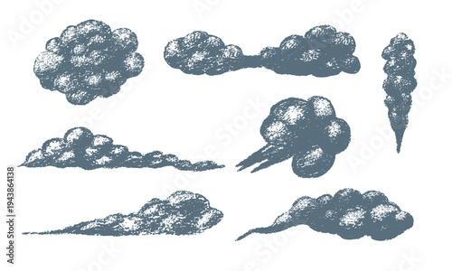 Crayon smoke clouds from car exhaust, fart, explosion. Vehicle dust trail, rising smoke from fire, dust clouds from burst with chalk texture isolated on white background, vector illustration