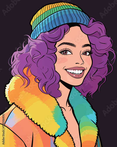 A young person with curly purple hair and a rainbow winter hat smiles at the viewer while wearing a colorful coat.