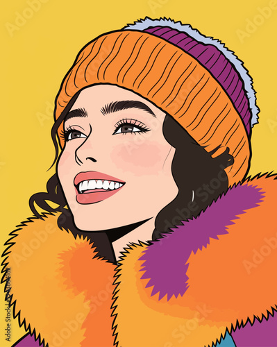 A young woman smiles while dressed in a warm winter hat and a fur coat. The bright yellow background adds color to the scene.